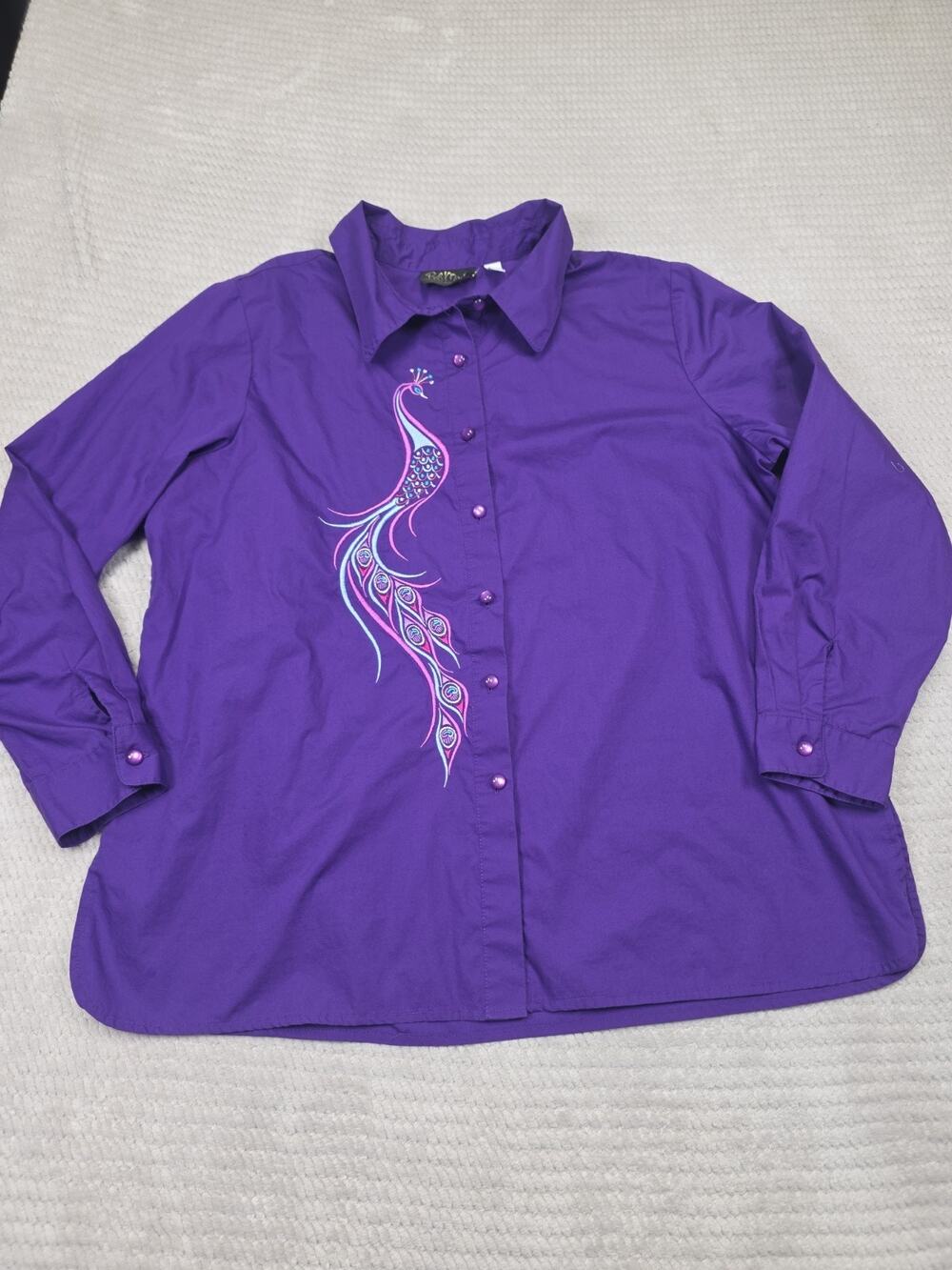 Bob Macke Shirt Womens XL Wearable Art Embroidered Peacock Button Up